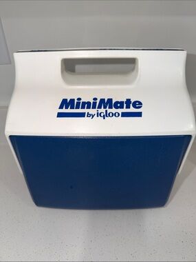 White & Blue blue and white vintage Igloo MiniMate personal cooler, lunch box